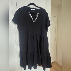 Lucky Brand Black Gauze Embroidered Tiered Midi Dress 1X